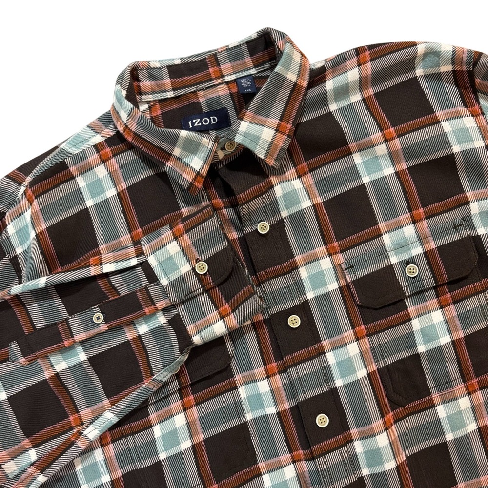 IZOD Mens Plaid Button Down Shirt Long Sleeve‎ Brown Blue Orange Large
